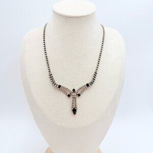 Vintage Silver Tone Clear and Green Rhinestones Necklace